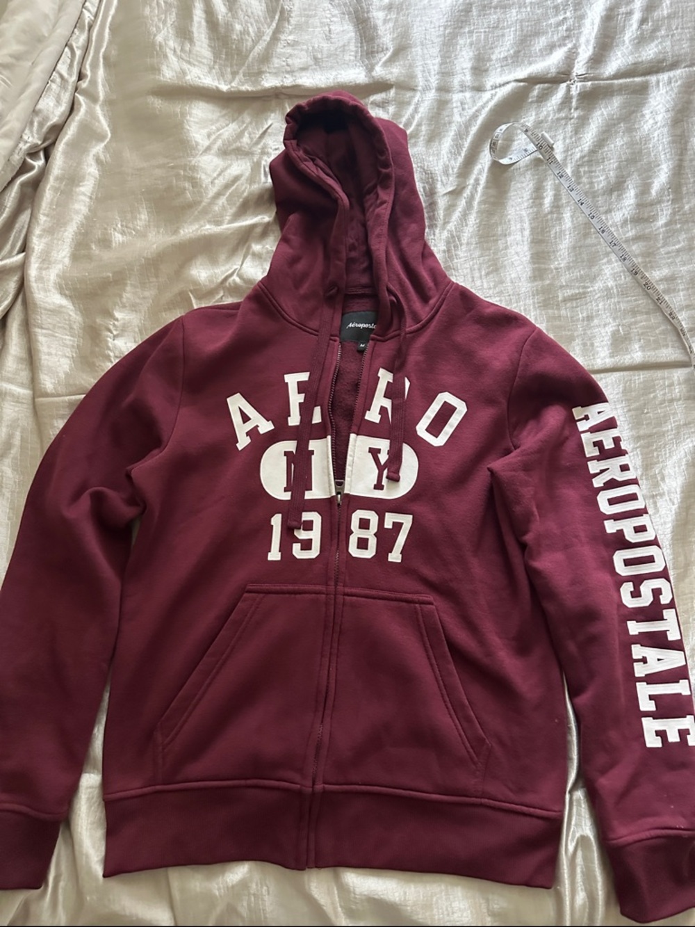 Aeropostale Burgundy Hoodie with White Sleeve Logo